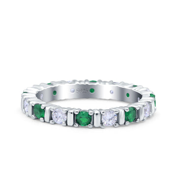 Full Eternity Stackable Ring Wedding Band Round Simulated Green Emerald CZ 925 Sterling Silver (3mm)